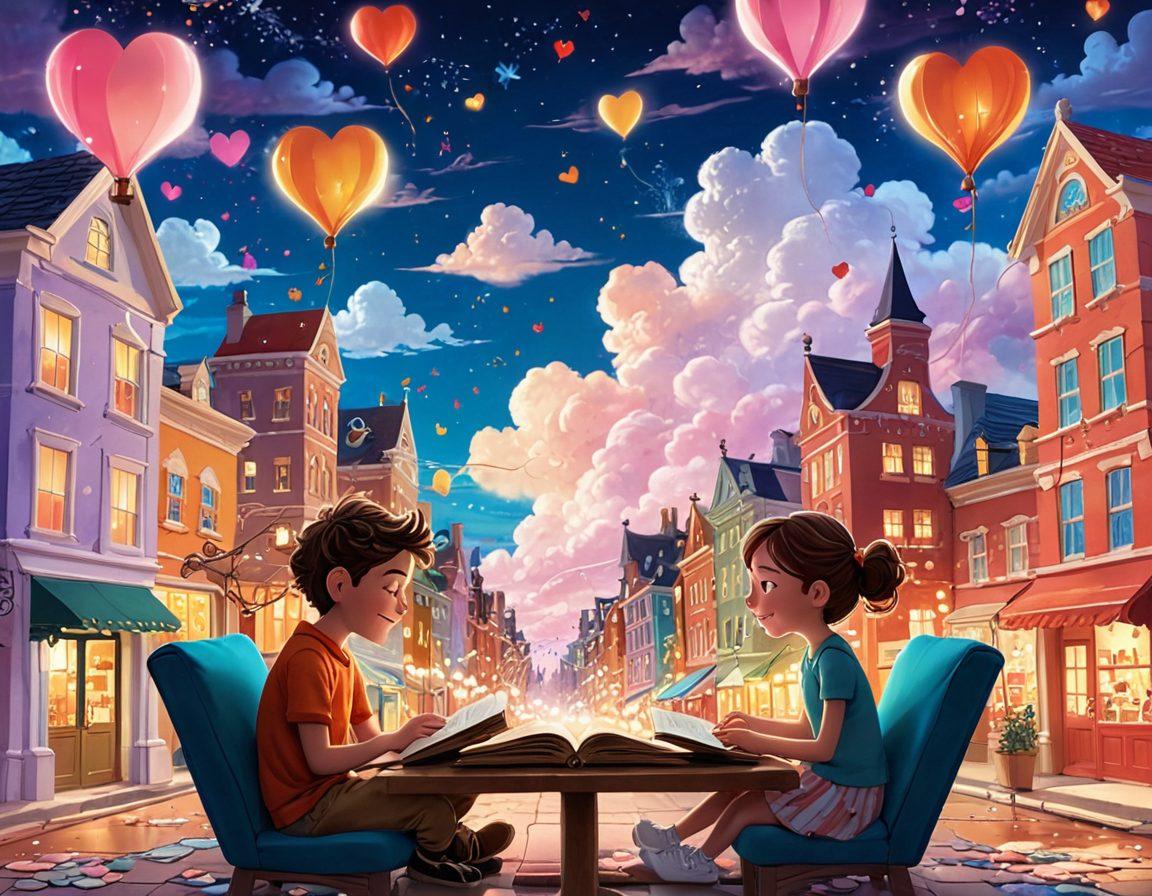 A whimsical scene depicting two animated characters falling in love, surrounded by vibrant heart motifs and storytelling elements like books and film reels. The background features a colorful cityscape full of animated-style buildings, illustrating various stages of a relationship. Soft glowing lights and whimsical clouds add a dreamlike quality. The overall mood is warm and inviting, symbolizing protection and coverage in love. vibrant colors. playful illustration style.