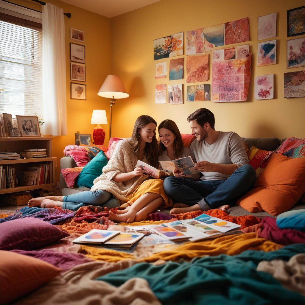 A cozy living room scene with a couple watching an animated series on a large TV, surrounded by soft pillows and blankets. The screen shows colorful animations depicting intimacy advice, with heartwarming characters and scenes. Warm lighting bathes the room, enhancing the intimate atmosphere, while art supplies and storyboards hint at creativity. The couple is engaged and smiling, showcasing connection and joy. vibrant colors. cozy atmosphere. super-realistic.
