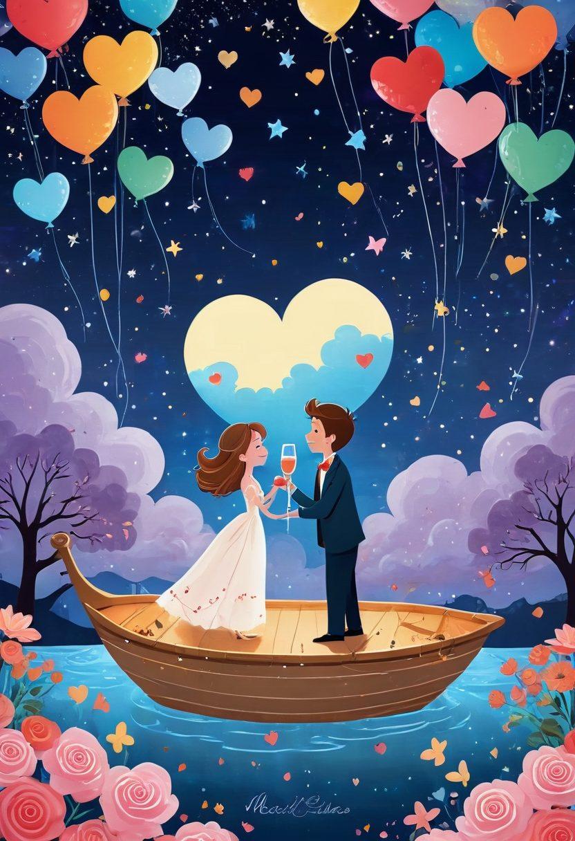 A whimsical blend of cartoon characters expressing love, surrounded by floating hearts and romantic elements like roses and champagne. The backdrop features a dreamy night sky with twinkling stars, symbolizing connection. Include colorful speech bubbles with quotes about love and storytelling, creating a bridge between humor and romance. Vibrant colors. vector art.